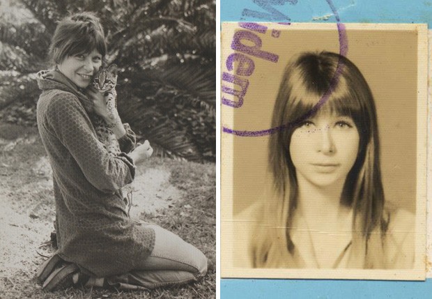 Nos anos 70, Rita resgatou duas jaguatiricas de maus tratos. Na foto, ela aparece com uma delas; Ao lado, foto 3X4 de uma carteirinha de um festival musical francês, de 1969, quando ela fazia parte dos Mutantes (Foto: Reprodução/Facebook)