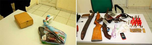 Três revólveres, uma espingarda, um rifle, munições e drogas foram apreendidas em Serra do Mel (Foto: Marcelino Neto)