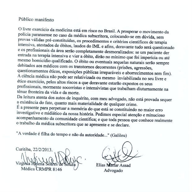 Médica presa divulgou um 'público manifesto' na tarde desta sexta-feira (22) (Foto: Divulgação)