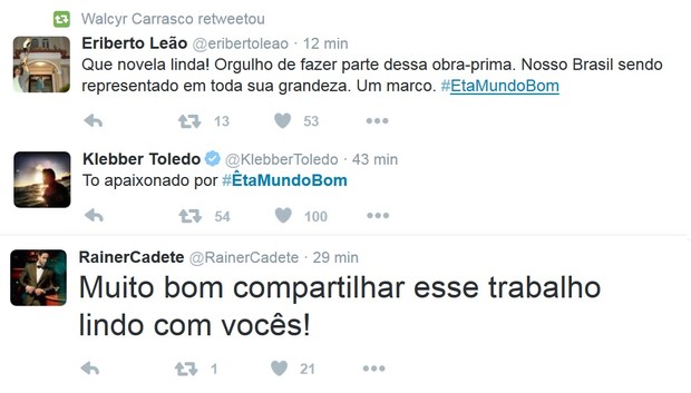 Atores de Êta Mundo Bom festejam no Twitter a estreia da novela  (Foto: Reprodução Twitter)