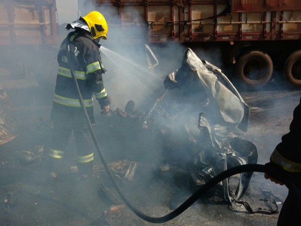 Carro pegou fogo e corpo do motorista foi carbonizado, na BR-452, em Itumbiara, Goiás (Foto: Divulgação/PRF)