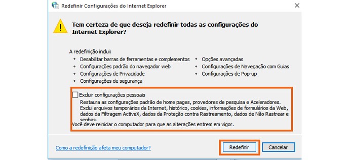 Confirme para redefinir o navegador Internet Explorer (Foto: Reprodução/Barbara Mannara)