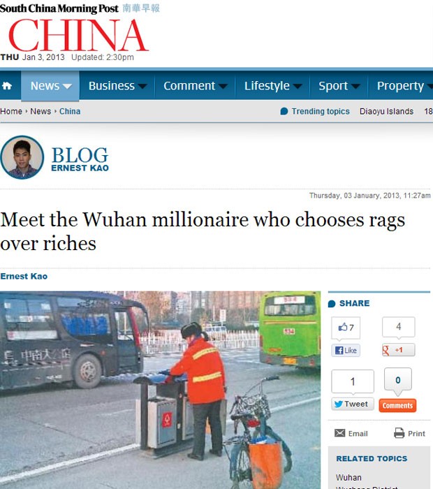 u Youzhen, cujas propriedades estão avaliadas em milhões de dólares, trabalha há 15 anos na limpeza da Administração Urbana por um salário de 1.420 iuanes (US$ 228) (Foto: Reprodução)