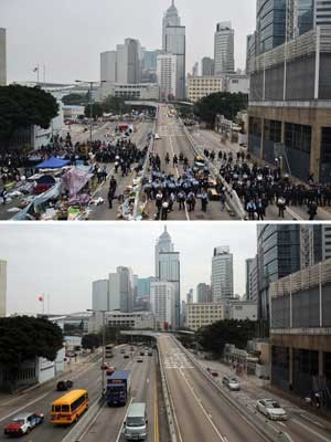 Após 75 dias de protestos, bloqueios e acampamentos, trânsito de veículos volta ao normal em Hong Kong. (Foto: Pedro Ugarte / AFP Photo)