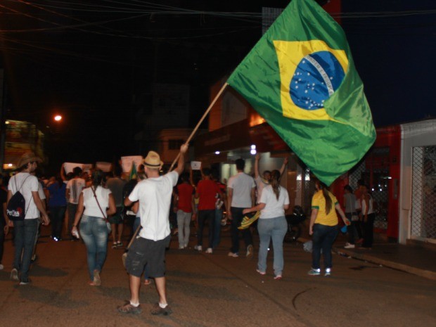 Bnadeira do Brasil é hasteada por manifestante (Foto: Andreia Gonzalez/G1)