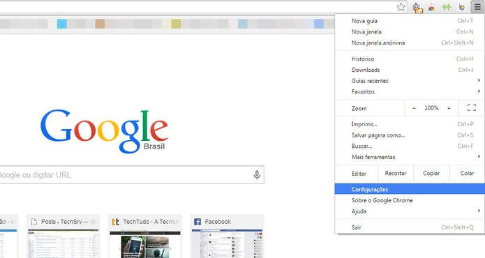 No menu do Chrome, selecione a opção "Configurações" (Foto: Reprodução/Maria Clara Pestre) No menu do Chrome, selecione a opção "Configurações" (Foto: Reprodução/Maria Clara Pestre)