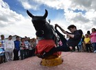 Turista enfrenta touro mecânico na Mongólia ( AFP PHOTO / Mark RALSTON)