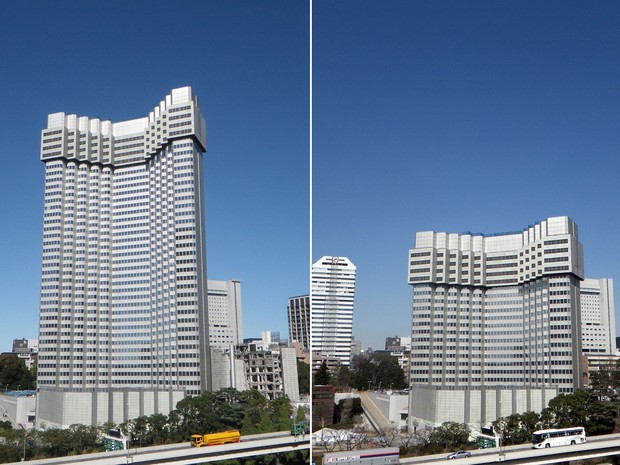 Combinação de imagens de 10 de novembro de 2012 (à esquerda) e da última quarta-feira (20) mostram um hotel que está sendo 'demolido' em um processo diferente no centro de Tóquio. O prédio, que tinha 40 andares e 140 m, já está com metade de sua altura. (Foto: AFP/Taisei Corporation/Seibu Properties)
