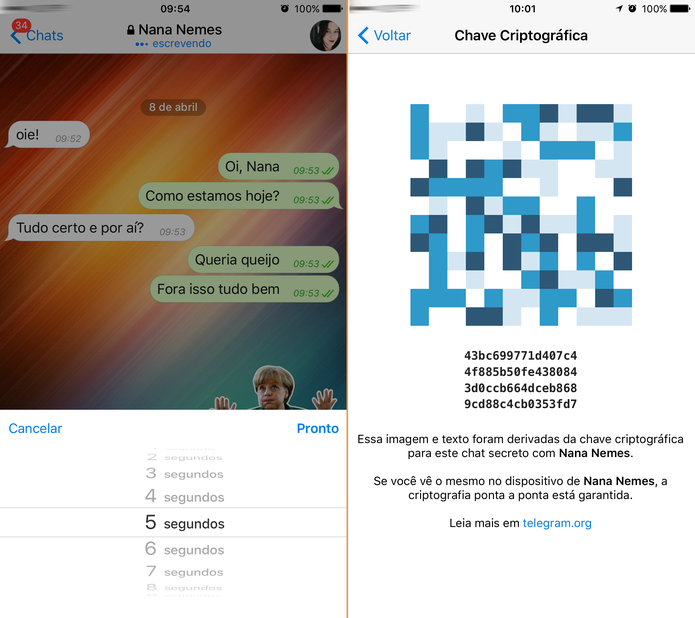 Chat secreto do Telegram tem função de autodestruir e tela com chave criptográfica (Foto: Reprodução/TechTudo)
