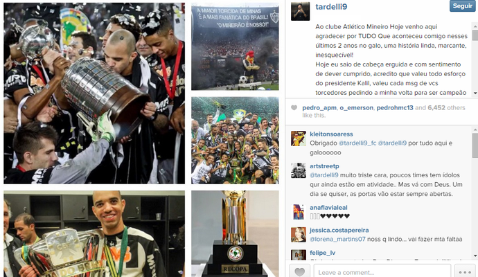 Diego Tardelli usou o Instagram para agradecer pelos momentos no Atlético-MG (Foto: Reprodução/Internet)