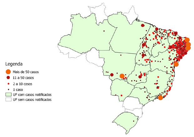 O mapa da distribuição de casos de microcefalia associados ao zika em 2015 (Foto: Ministério da Saúde)