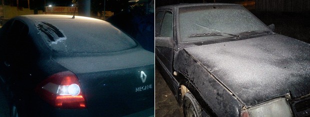 Montagem de carros com camada de gelo devido à geada no RS (Foto: Montagem sobre fotos de Manoel Souza e Leonardo Ferreira/RBS TV)
