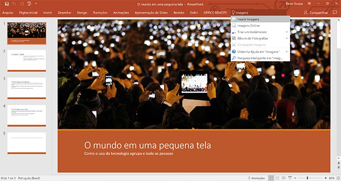 Usuário pode dar comando no PowerPoint e outros apps do Office 2016 (Foto: Reprodução/Elson de Souza)