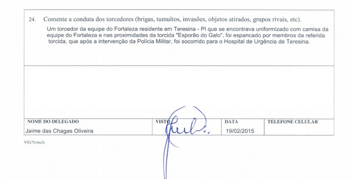 Relatório de partida do Albertão mostra agressão a torcedor (Foto: Reprodução) Relatório de partida do Albertão mostra agressão a torcedor (Foto: Reprodução)