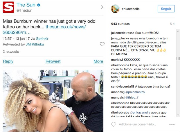 Erika Canela recebe críticas por fazer tatuagem de Donald Trump (Foto: Reprodução/Instagram)