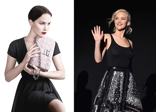 Jennifer Lawrence em campanha para a Dior e em evento recente (Foto: Divulgação / Getty Images)