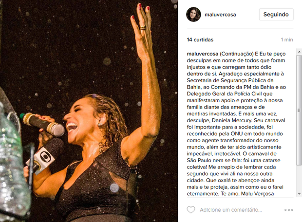 Malu Verçosa homenageia Daniela Mercury (Foto: Reprodução/Instagram)