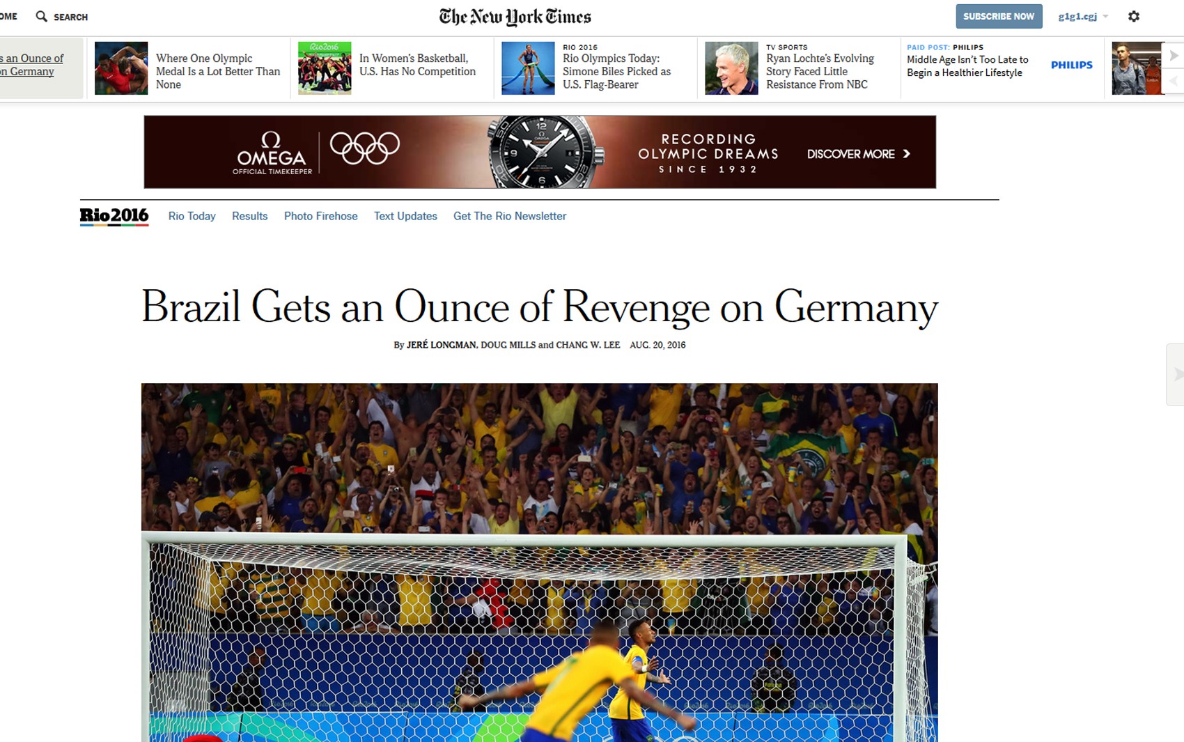 Para New York Times, vitória na final olímpica serviu de revanche da derrota sofrida para a Alemanha na Copa