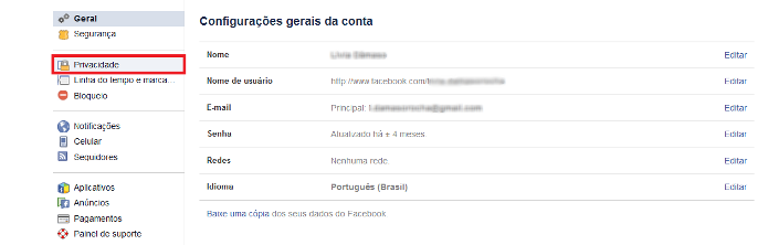 Página de configurações do Facebook (Foto: Reprodução/Lívia Dâmaso)