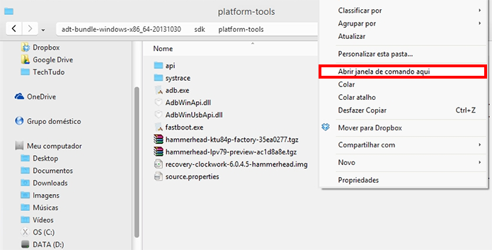 Abra o prompt de comando dentro da pasta onde estão os executáveis fastboot e adb (Foto: Reprodução/Paulo Alves)