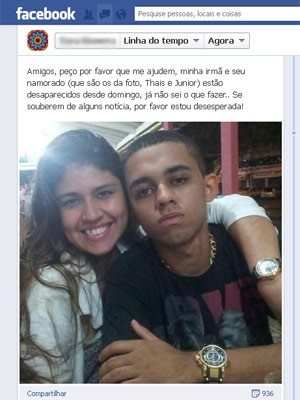 Irmã de Thaís fez apelo na internet por notícias do casal (Foto: Facebook/Reprodução)