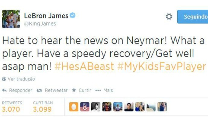 lebron james lamenta lesão de neymar (Foto: Reprodução/Twitter) lebron james lamenta lesão de neymar (Foto: Reprodução/Twitter)