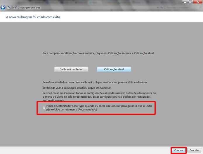 Marque a opção para iniciar o Sintonizador ClearType e aperte o botão “Concluir” (Foto: Reprodução/Daniel Ribeiro)