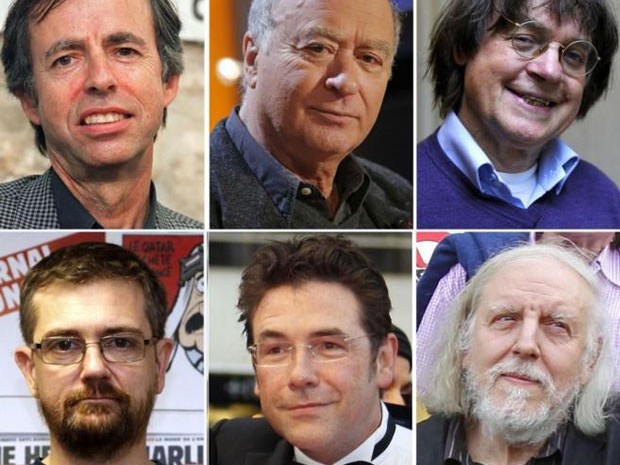 Entre os mortos no ataque estão Bernard Marris, Georges Wolinski, Jean Cabu, Stéphane Charbonnier, Bernard Verlhac (Tignous) e Philippe Honoré (Foto: AFP)