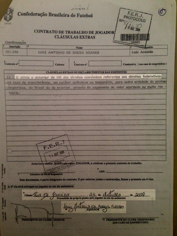Documento Luiz Antonio Flamengo (Foto: Reprodução)
