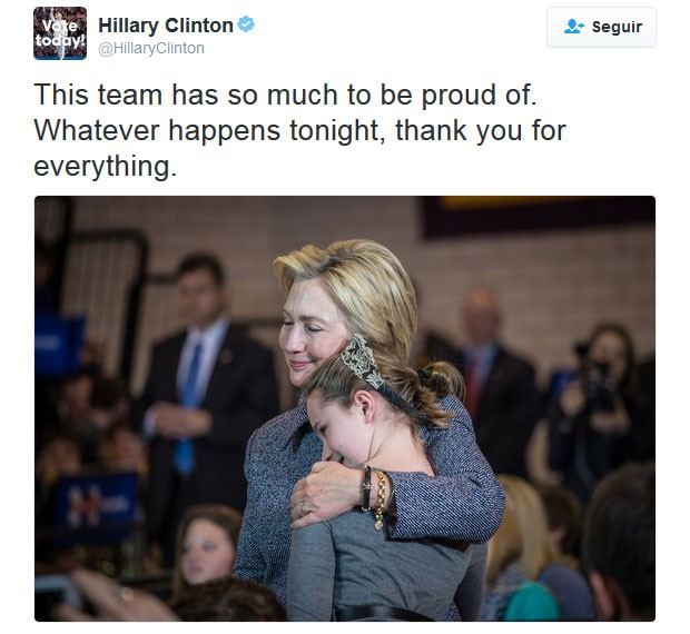 Post publicado por Hillary Clinton por volta das 23h30 de terça (8) (Foto: Reprodução/Twitter/HillaryClinton)