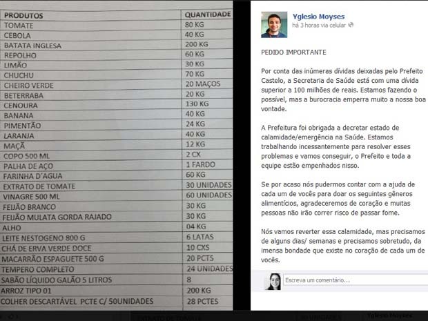 Diretor do Socorrão I, Yglésio Moyses, faz apelo por doações em rede social (Foto: Arquivo/G1)