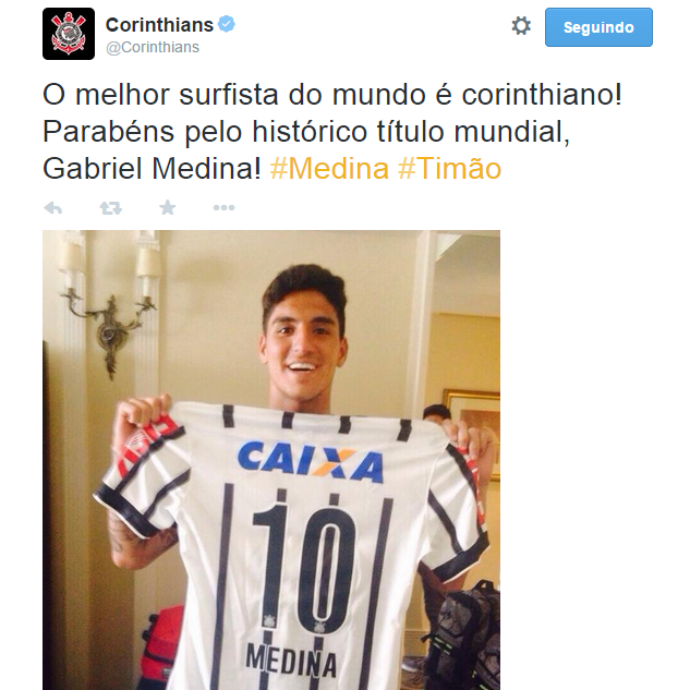 Corinthians parabeniza Gabriel Medina título mundial (Foto: Reprodução/Instagram)