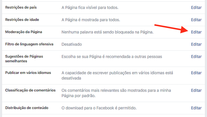 Opção para moderação de palavras em comentários em uma página do Facebook (Foto: Reprodução/Marvin Costa)