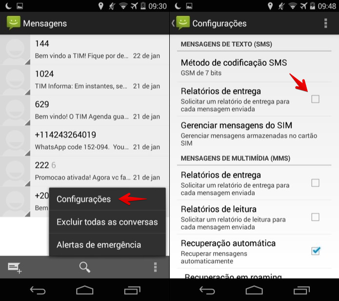 Ativando relatório de entrega no aplicativo de SMS do Android (Foto: Reprodução/Helito Bijora) 
