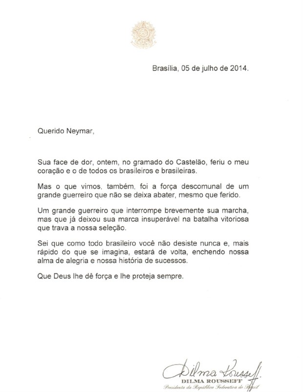 A carta enviada pela presidente ao jogador Neymar (Foto: Reprodução)
