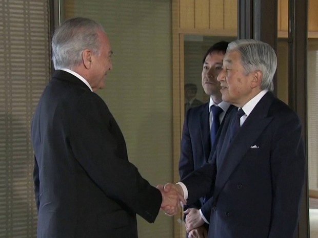 Michel Temer e imperador do Japão Akihito (Foto: reprodução GloboNews)