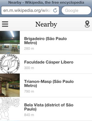 Nova função do Wikipedia para celular mostra artigos com base na localização do usuário (Foto: Reprodução) Nova função do Wikipedia para celular mostra artigos com base na localização do usuário (Foto: Reprodução)