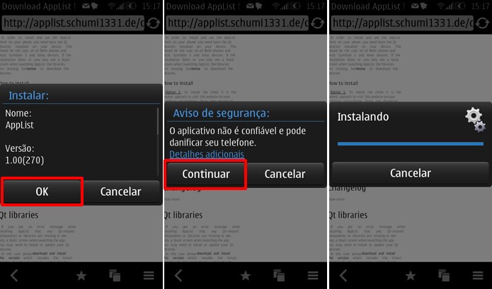 Nokia Symbian pede diversas diversas confirmações para instalar aplicativo da loja App List (Foto: Reprodução/Elson de Souza)