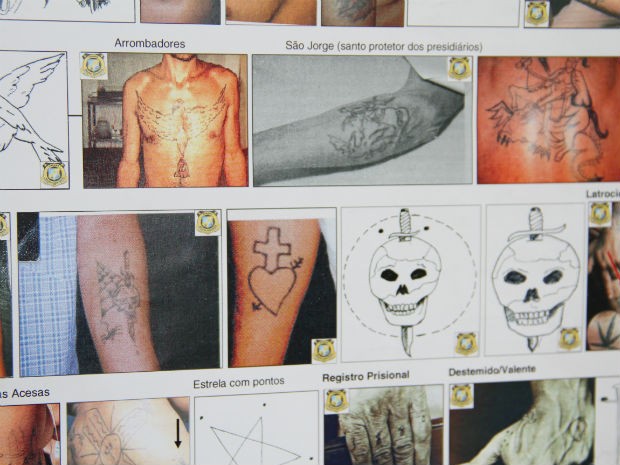 Tatuagens feitas em presos têm relação com os crimes que eles cometem (Foto: Divulgação/SESP)