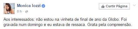 Monica Iozzi justifica ausência na vinheta de fim de ano da Globo (Foto: Reprodução / Facebook)