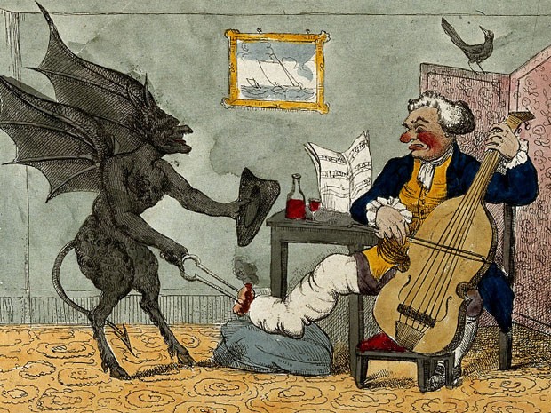 A gota é conhecida como uma das doenças mais dolorosas. Nesta ilustração de HW Bunbury (1785), o diabo está ocupado com o pé de um oficial aposentado da Marinha. Mas o seu nariz vermelho e o vinho à mesa sugerem que a causa de seu mal é menos prosaica (Foto: Wellcome Library)