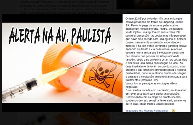 Em post no Facebook, amiga relatou agulhada sofrida por amiga na Av. Paulista (Foto: Reprodução/Facebook)
