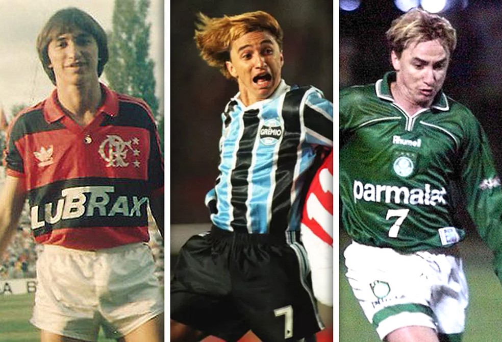 Paulo Nunes com as camisas dos clubes mais marcantes de sua carreira: Flamengo, Grêmio e Palmeiras (Foto: Editoria de arte)