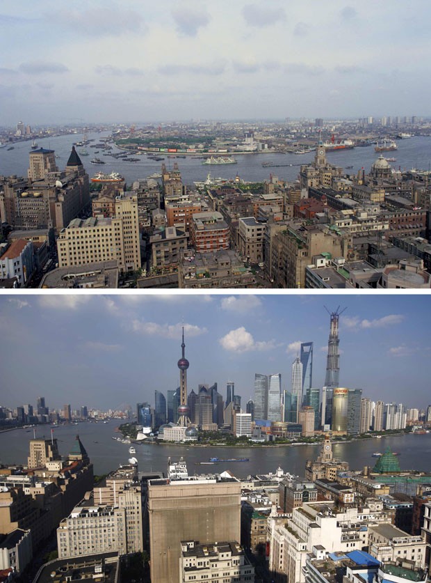 Região de arranha-céus de Xangai é vista em fotos de 1976 (topo) e de julho deste ano, mostrando o crescimento vertical impressionante pelo qual a cidade passou (Foto: Reuters/Stringer e Carlos Barria/Reuters)
