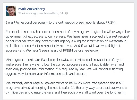 Mark Zuckerberg nega que Facebook forneça dados de usuários ao governo dos EUA (Foto: Reprodução / Facebook)