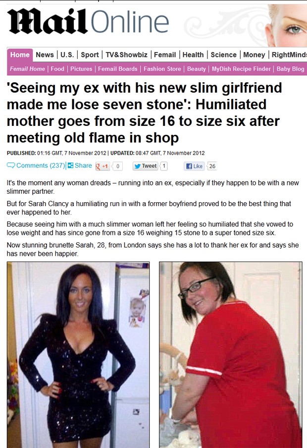 Sarah foi de 95 Kg a 50 Kg após ficar envergonhada ao encontrar o ex com uma mulher mais magra (Foto: Reprodução/Daily Mail)