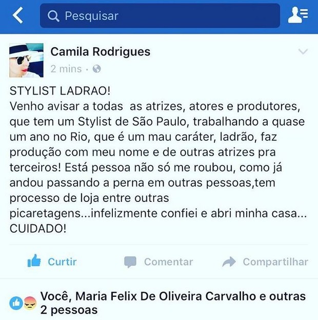 Camila Rodrigues é vítima de golpe e reclama na web (Foto: Reprodução/Facebook)