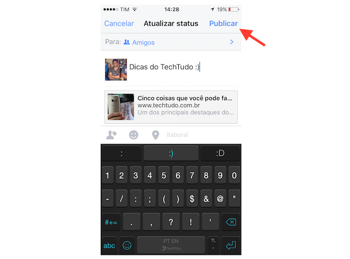Postando um link encontrado através da ferramenta de busca por links do Facebook para iPhone (Foto: Reprodução/Marvin Costa)