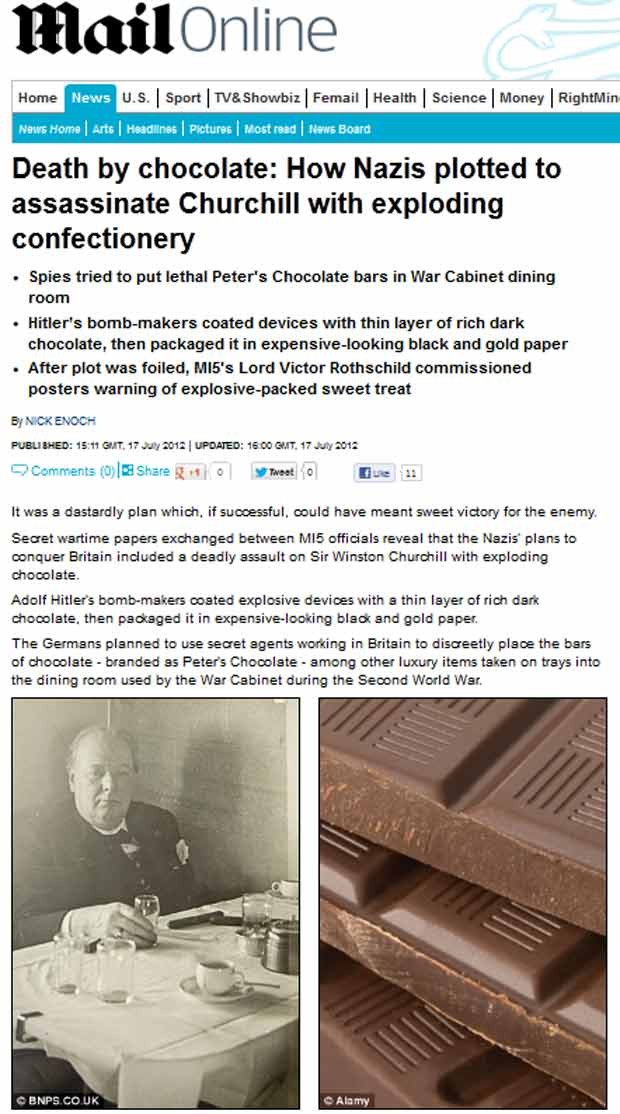 Reportagem do Daily Mail mostra carta que revelou trama para matar Churchill usando explosivo em chocolate (Foto: Reprodução)