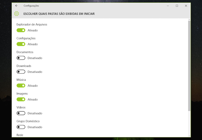 Definindo quais pastas serão exibidas no menu iniciar do Windows 10 (Foto: Reprodução/Marvin Costa)